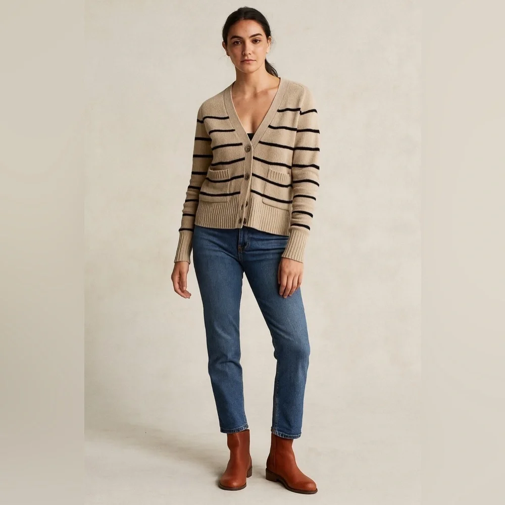 Banana Republic Essential Short Cardigan Black Beige Striped Wool Silk Blend S