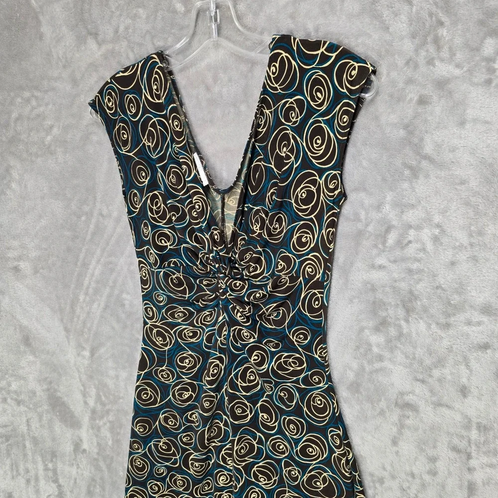 Vtg London Times Sheath Dress Women 6 Brown Abstract Swirl Ruched V-Neck Y2K Mod