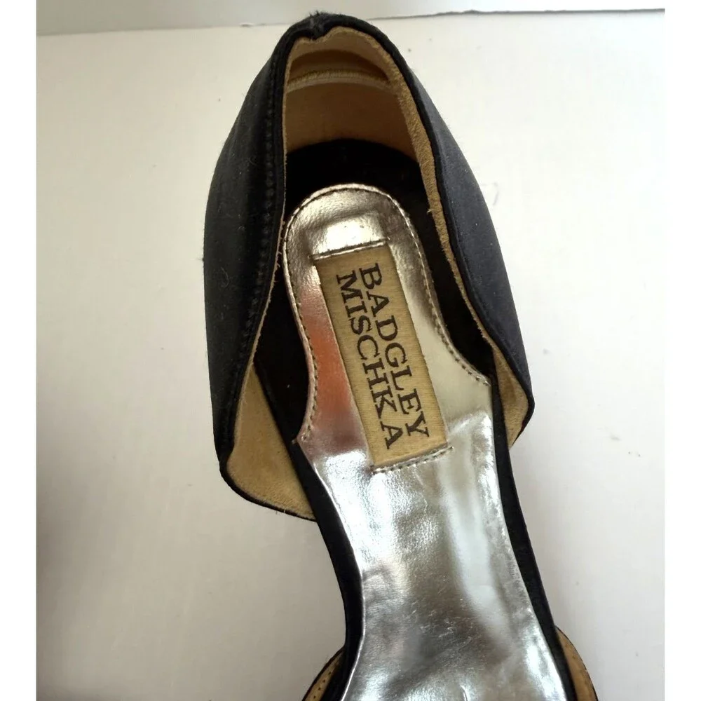 BADGLEY MISCHKA BLACK SATIN D’ORSAY OPEN TOE RHINESTONE EMBELLISHED HEELS SZ 7M