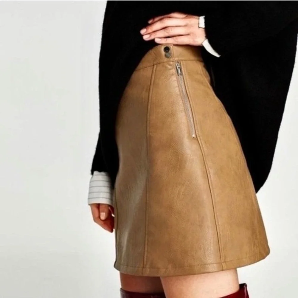Zara Basic Faux‎ Leather Mini Skirt Camel Brown A-Line Side Zip Womens Size S