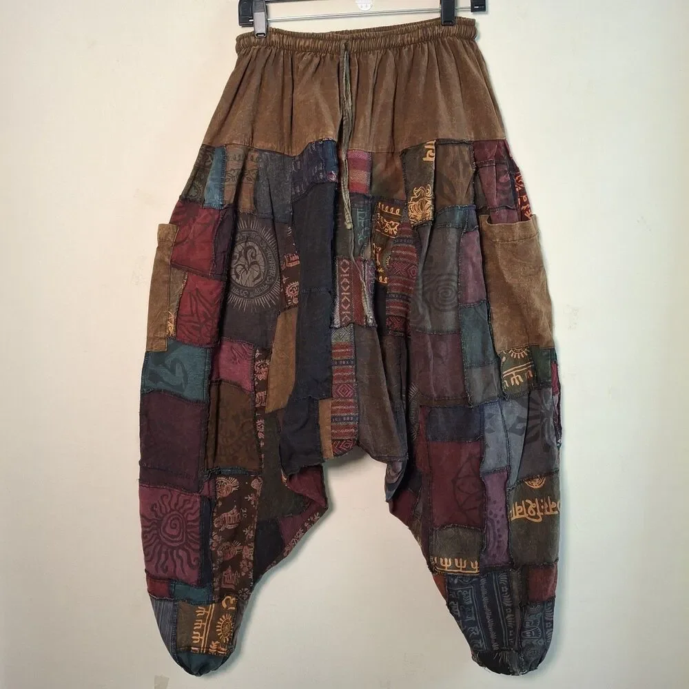 Kathmandu Patchwork Harem Pant Drop Crotch M Boho Festival Hippie Yoga Grunge
