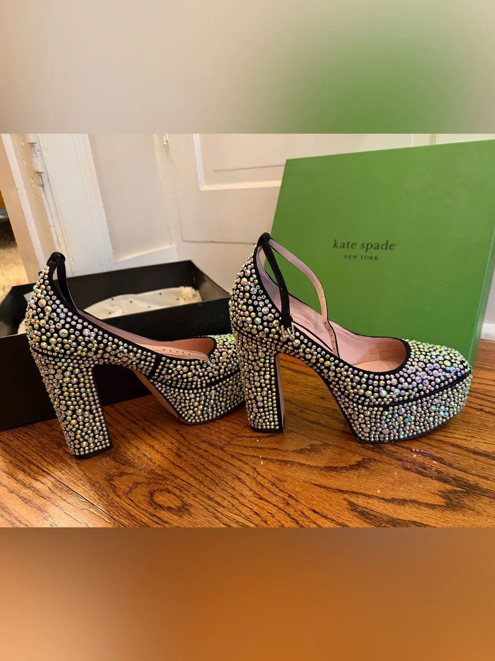 kate spade Gia Pave Black Crystal Platform Block Heel Pumps