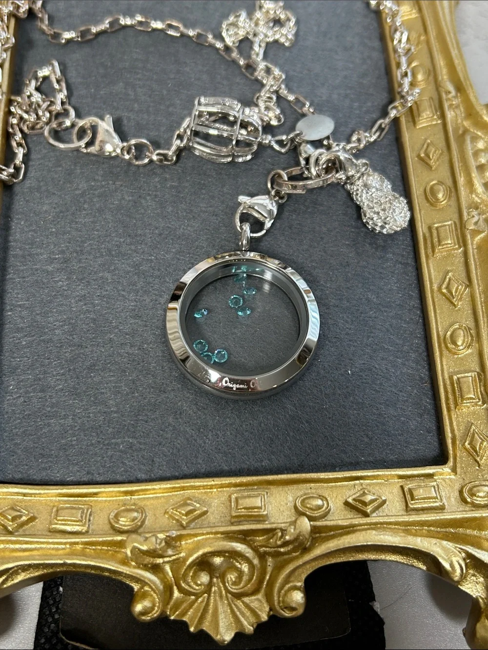 Bundle of Origami Owl Silver Necklace w/Teal Crystal Locket, Crystals & pendants