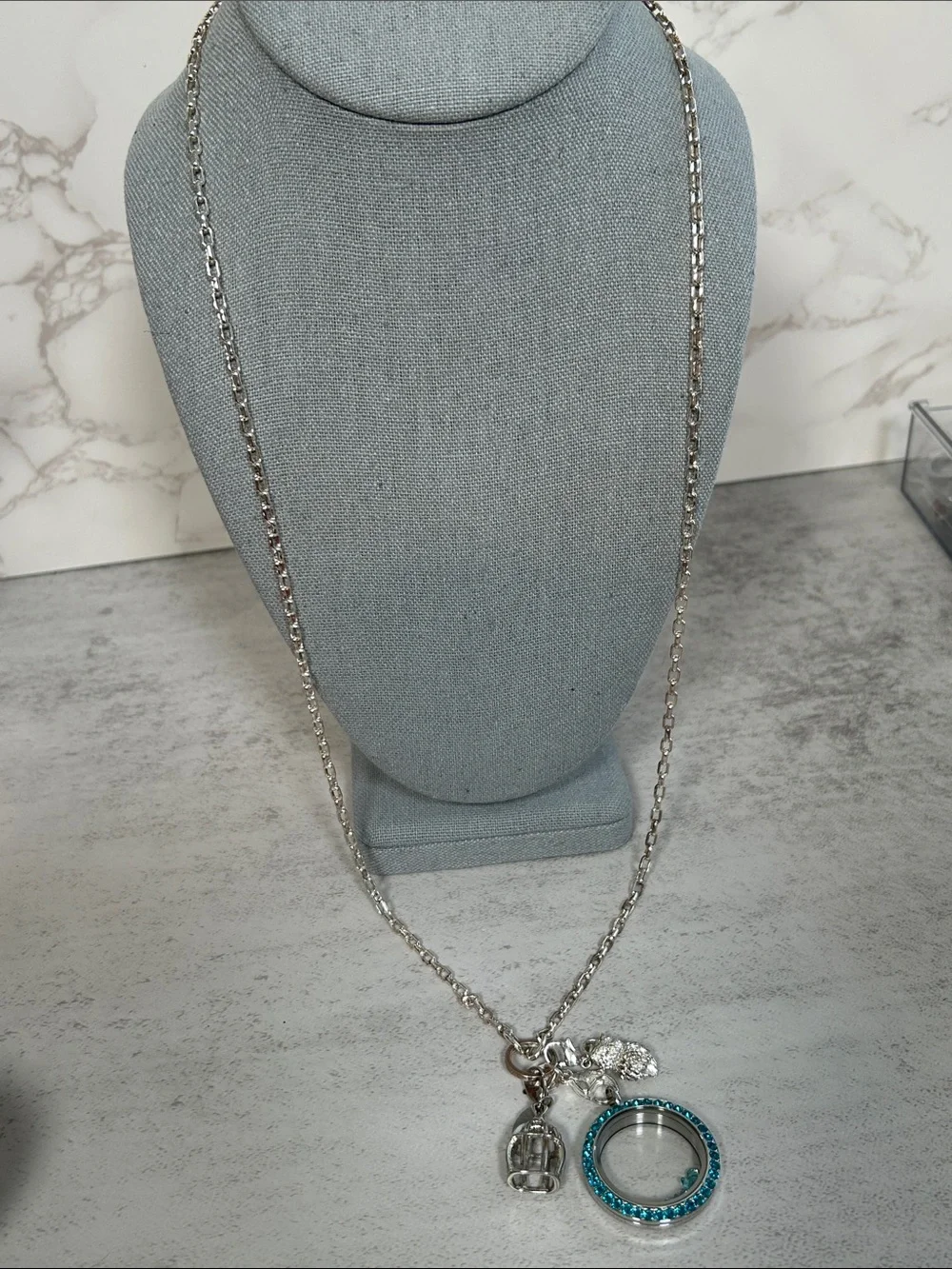 Bundle of Origami Owl Silver Necklace w/Teal Crystal Locket, Crystals & pendants