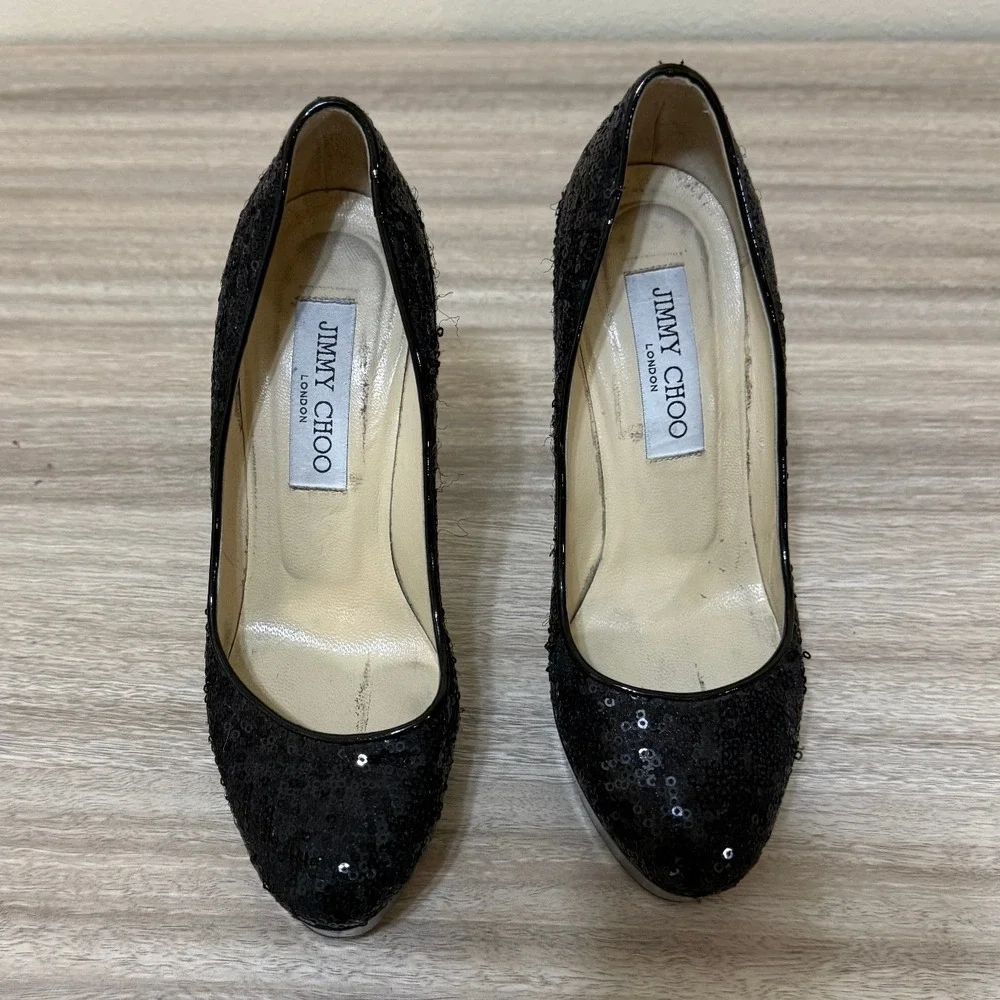 Jimmy Choo Women‎ Sequin Platform Pumps 36 6 Black Glam Evening Stiletto Heel