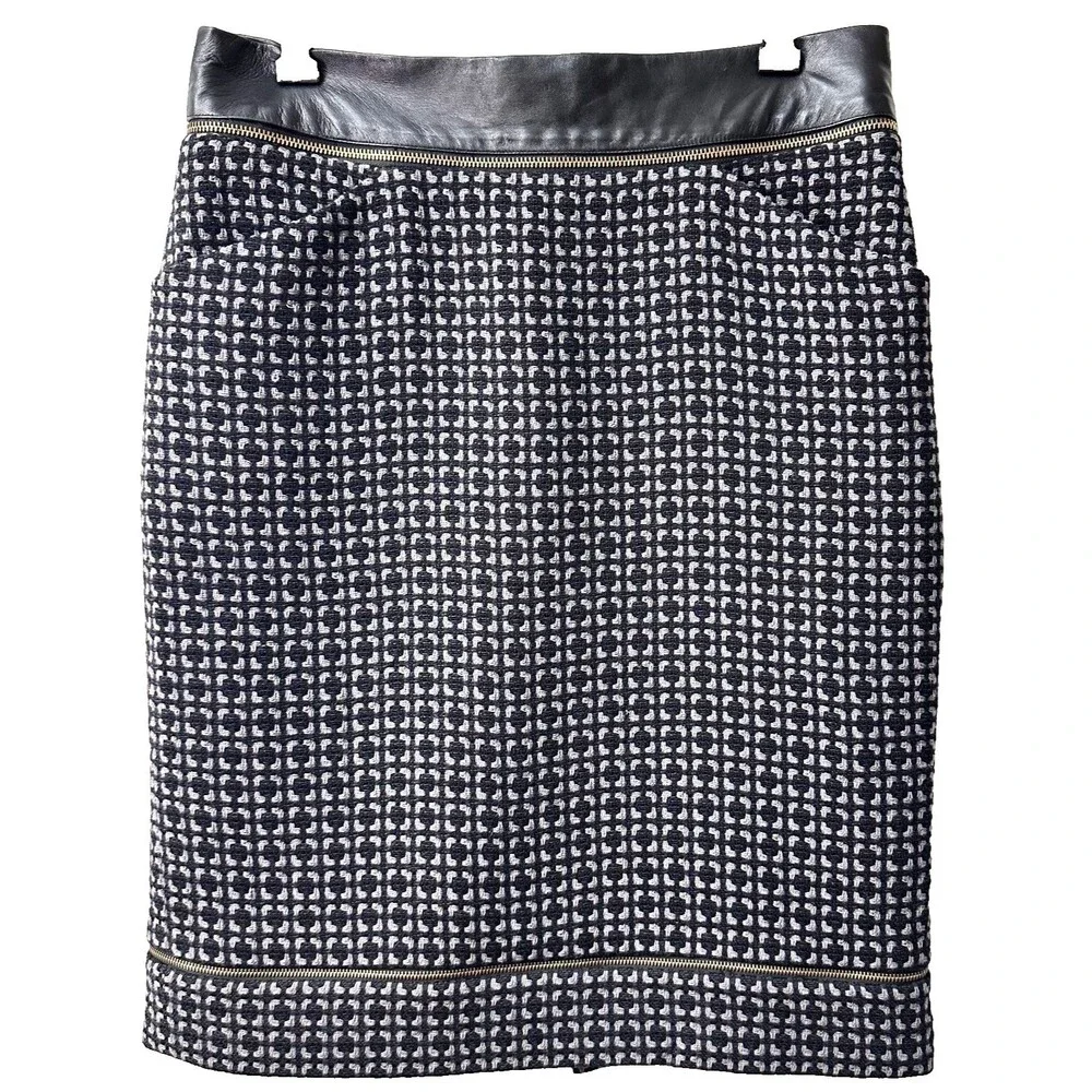 Etcetera Women's Gray Black Tweed Leather Trim Below Knee Pencil Skirt Sz M