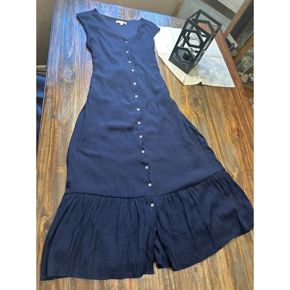 Nanette Lepore Dress Navy Blue Button Front Maxi Woman‎ Size 14 Tier Cottagecore