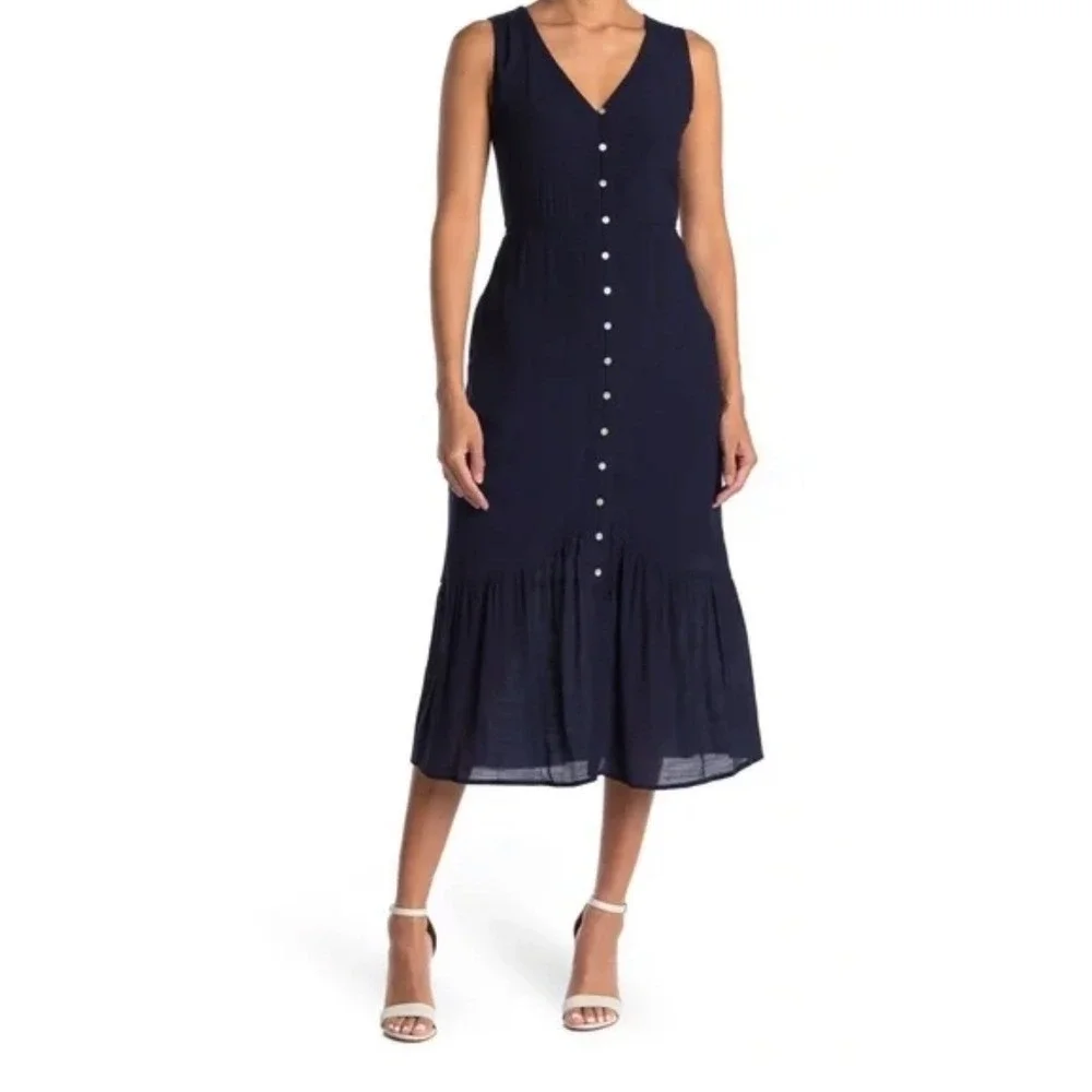 Nanette Lepore Dress Navy Blue Button Front Maxi Woman‎ Size 14 Tier Cottagecore
