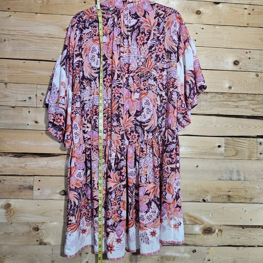 Free People Janelle Dress Floral Paisley Flutter Sleeve Tunic Mini Pink Orange M