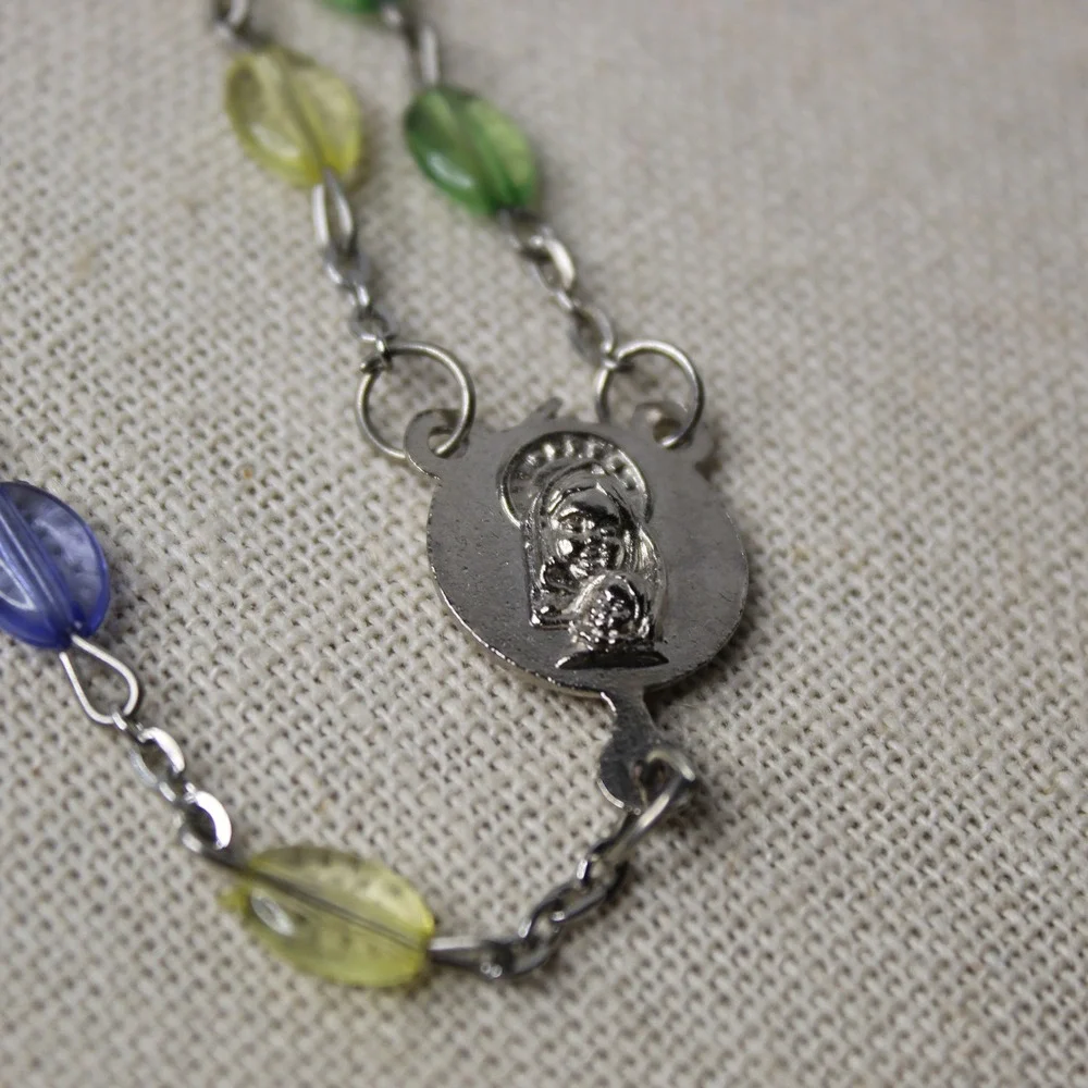 Catholic Rosary Necklace Multicolor Glass Bead Crucifix Virgin Mary Medal 23in