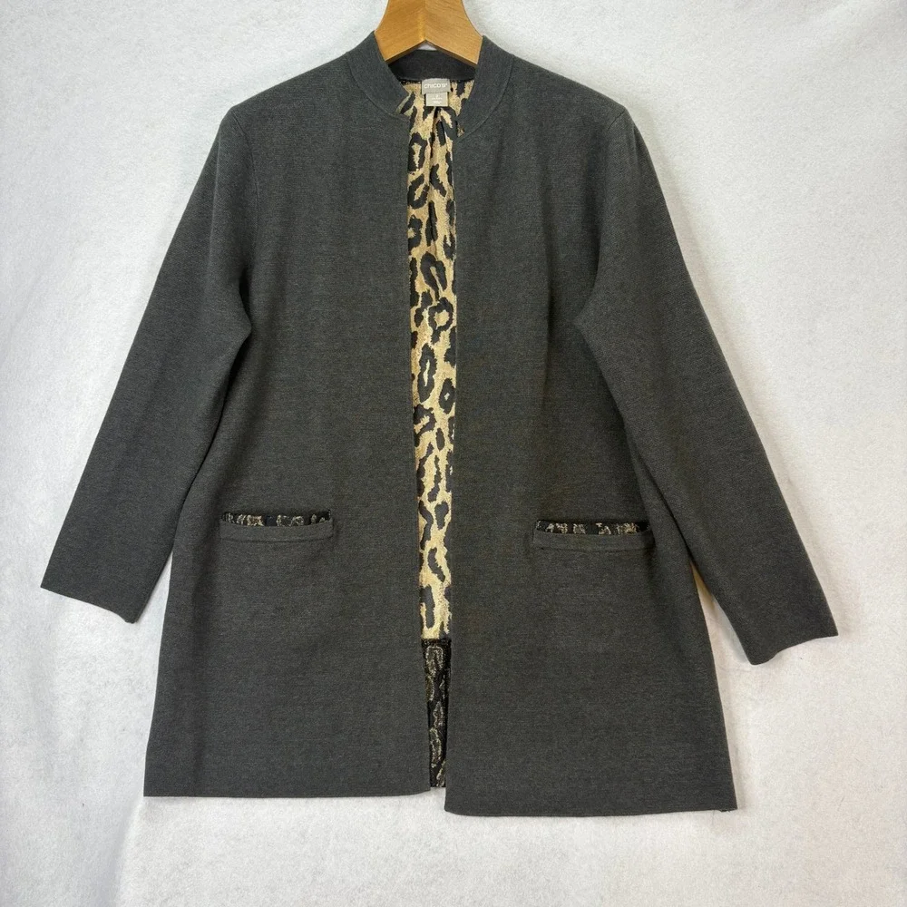 Chico's Womens Sz 2 (L) Gray Longline Jacket Cardigan‎ Animal Print Back Pockets