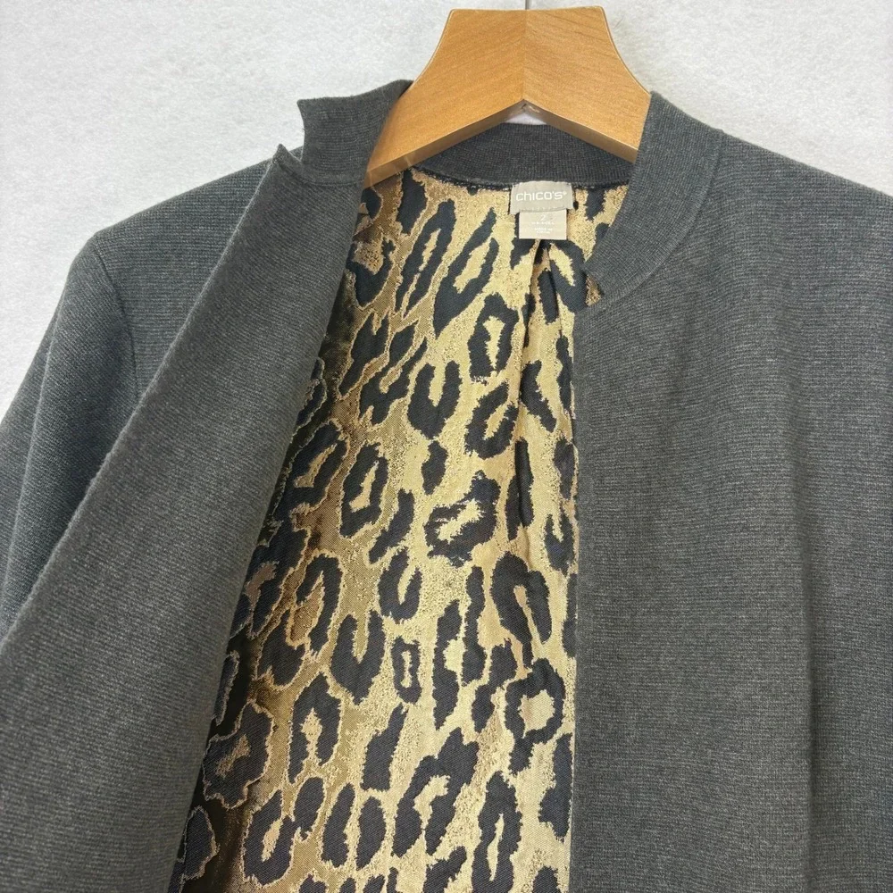 Chico's Womens Sz 2 (L) Gray Longline Jacket Cardigan‎ Animal Print Back Pockets