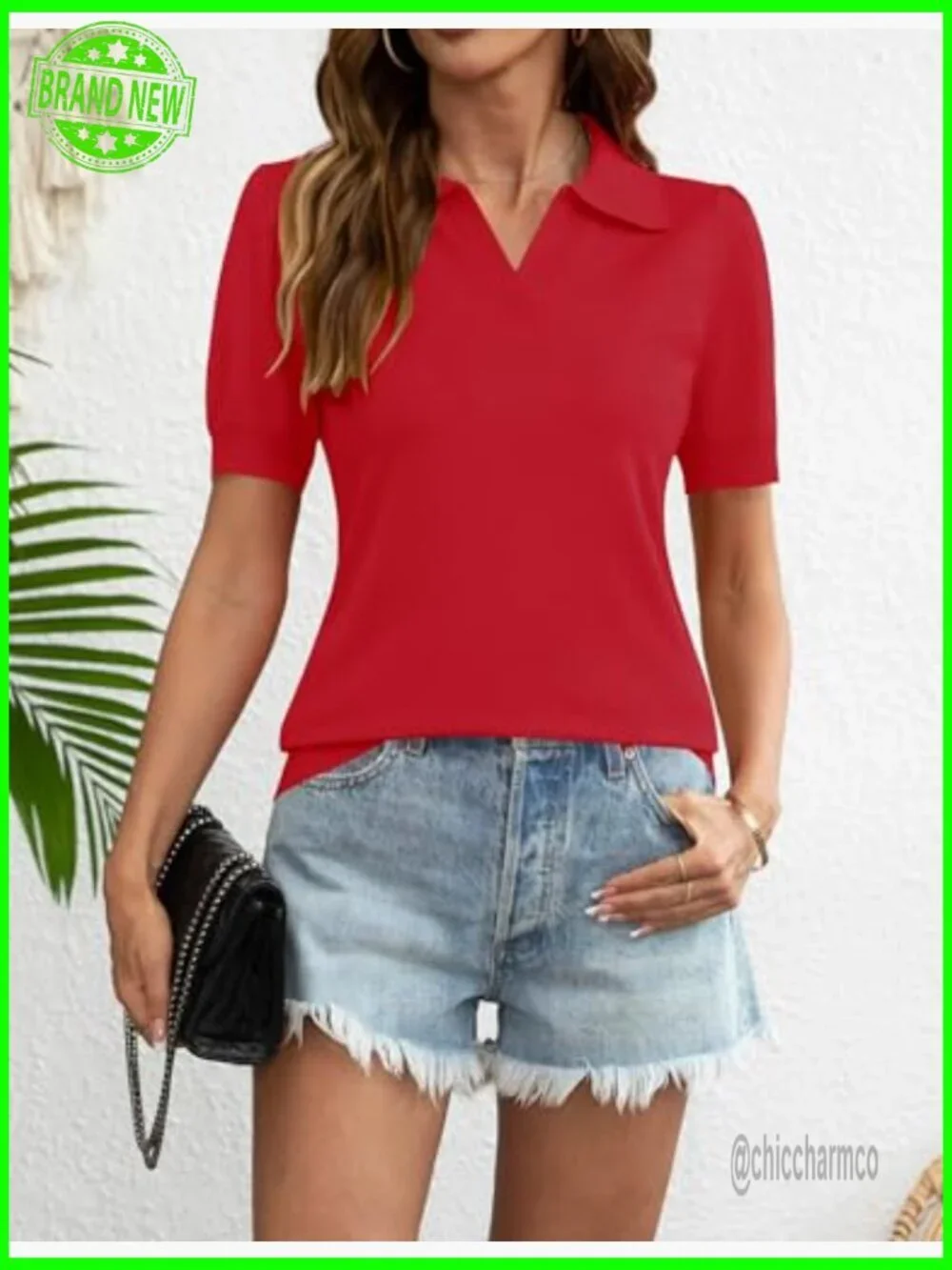 Short Sleeve V-Neck Polo Sweater Pullover Lightweight Ribbed Knit Top