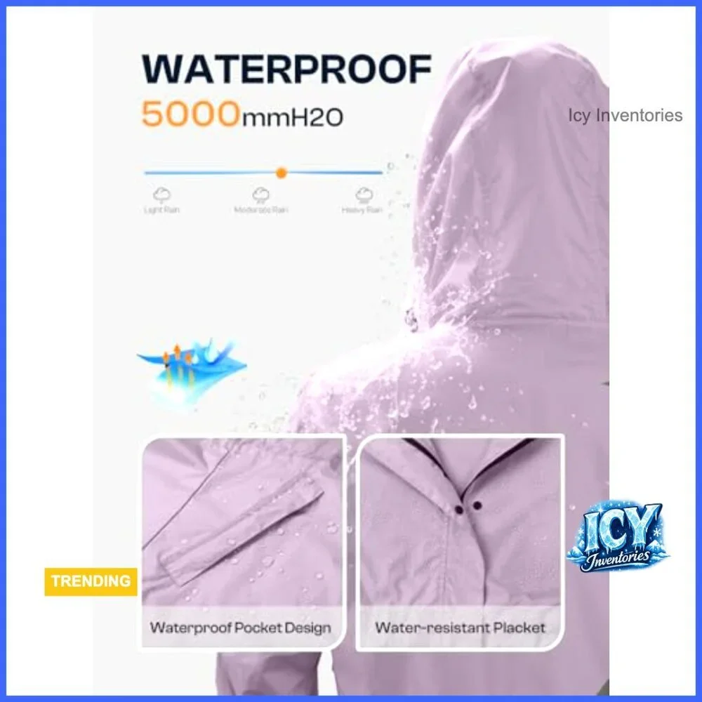 Lightweight Packable Rain Jacket Hooded Trench Coat Polyester