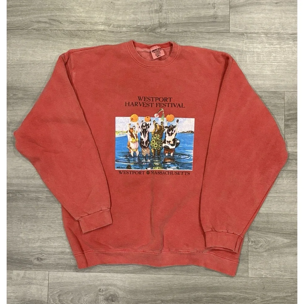 Vintage 90s Westport MA Harvest Fest Dancing‎ Cows Crewneck Sweater Size Large