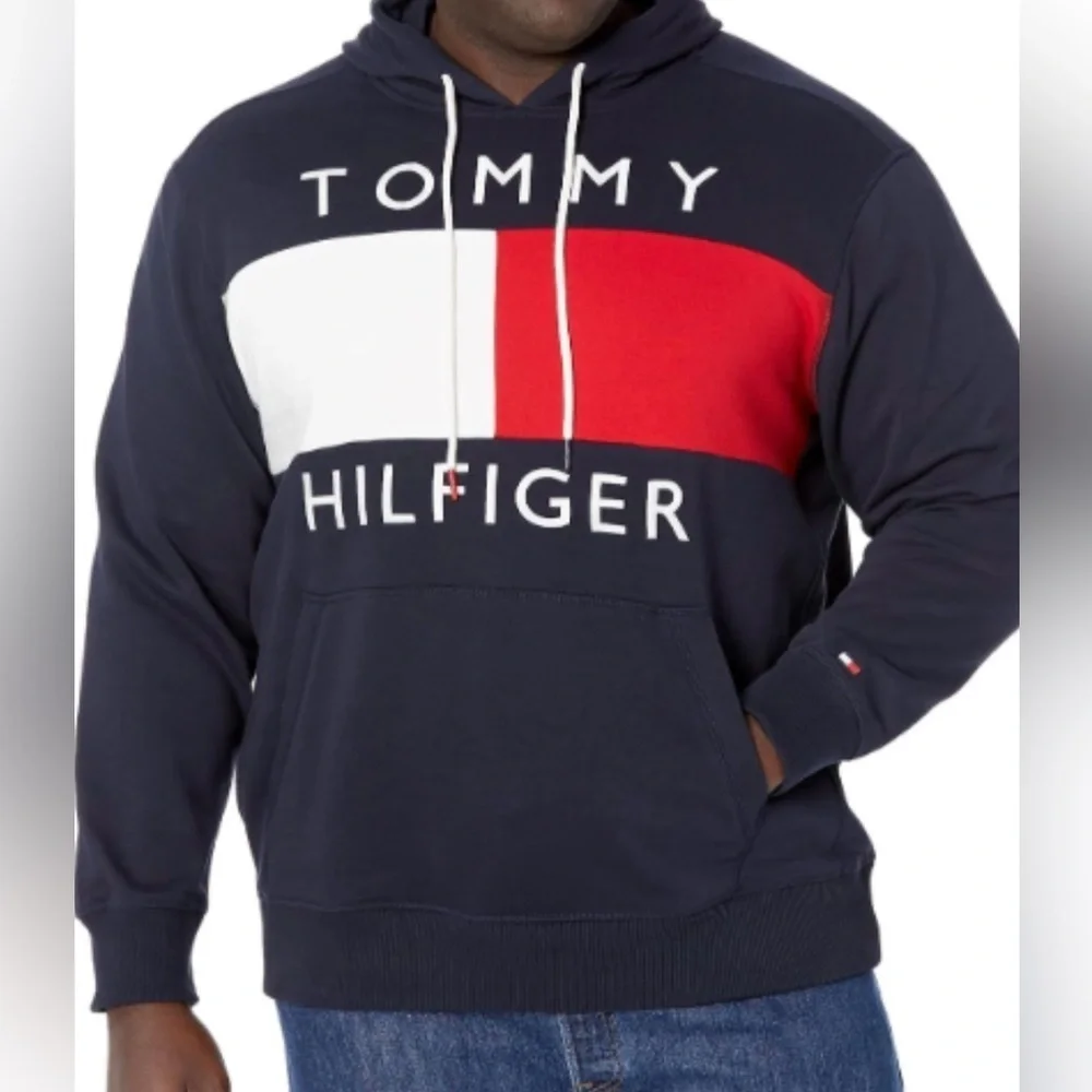Tommy Hilfiger Men's Quinn Logo Print Fleece Pullover Navy Blue & Red Hoodie XL