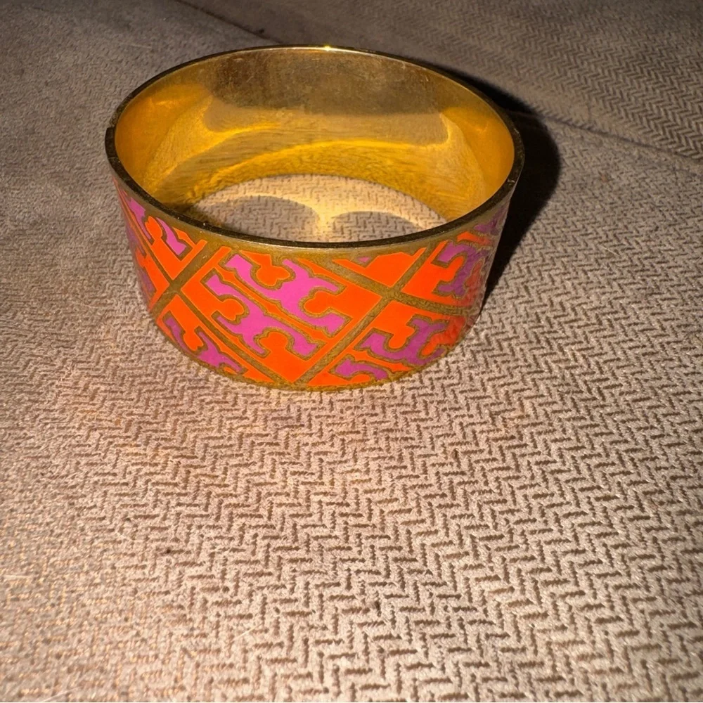 Tory Burch Gold-Tone Cuff Bracelet with Orange and Pink Enamel Pattern
