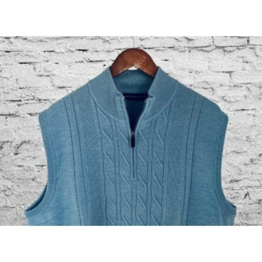 Carnoustie Blue Cable Knit Merino Wool Sleeveless Quarter-Zip Sweater Vest XL
