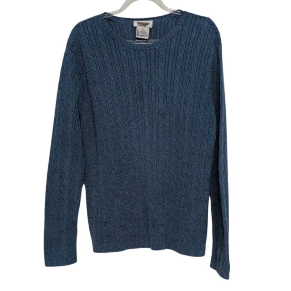 Talbots Cable Knit Sweater Womens Size XL Blue 100% Cotton Crew Neck Long Sleeve