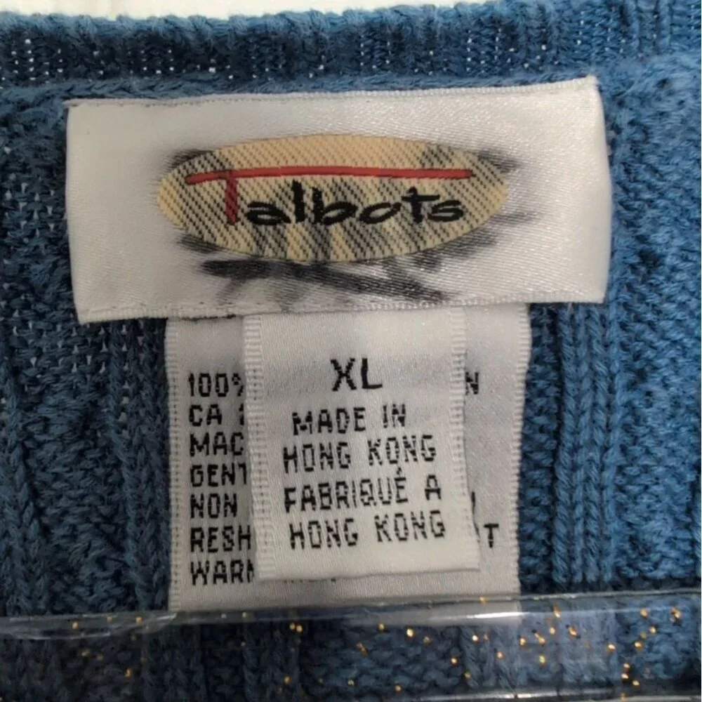 Talbots Cable Knit Sweater Womens Size XL Blue 100% Cotton Crew Neck Long Sleeve