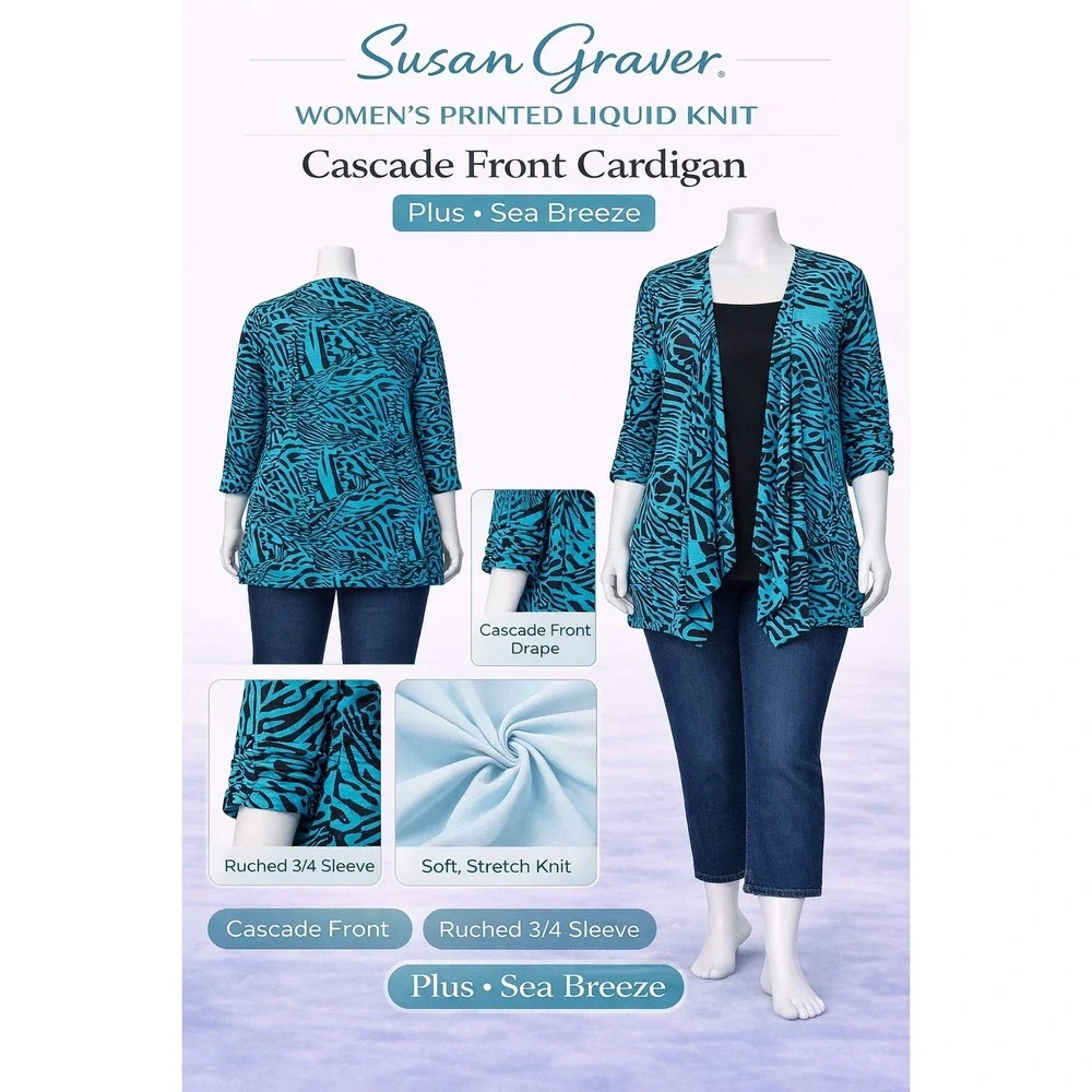 Susan‎ Graver Womens 3X Printed Liquid Knit Cascade Front Cardigan Sea Breeze