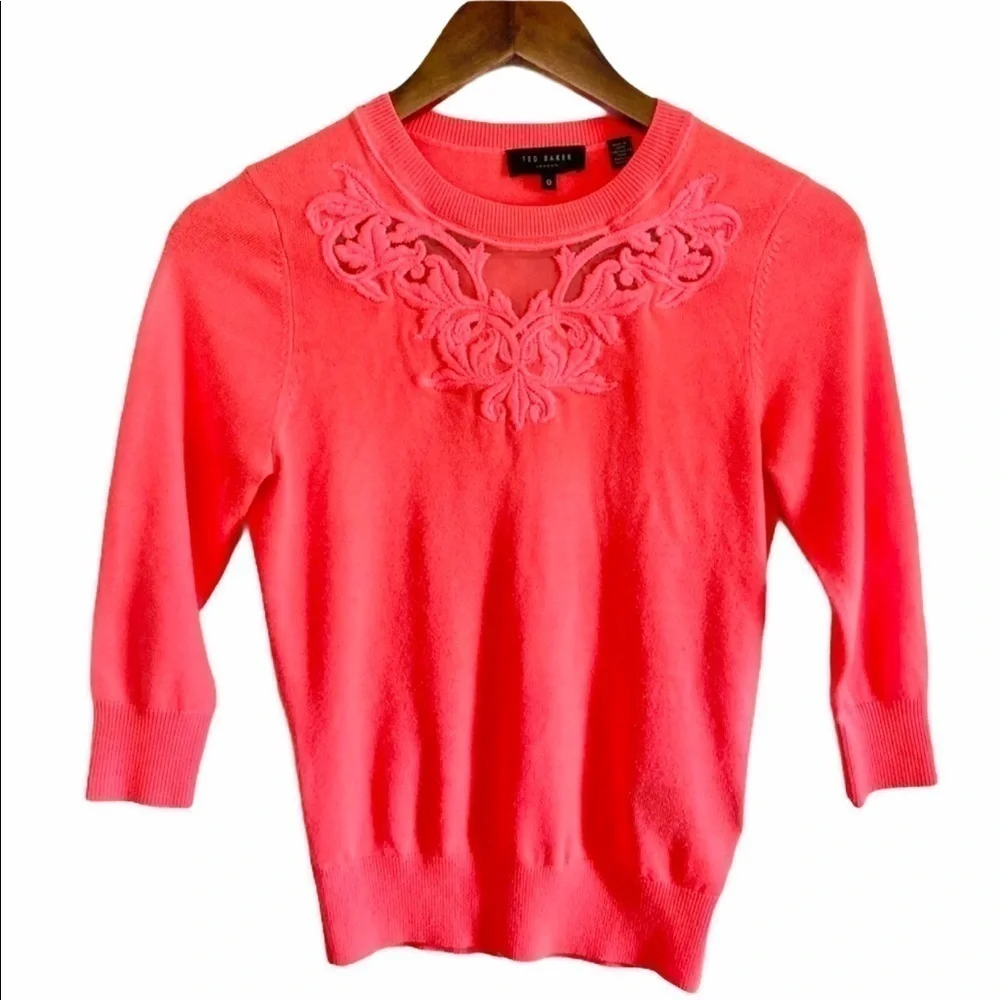 Ted Baker Hot Coral Lace Neck 3/4 Sleeve Sweater