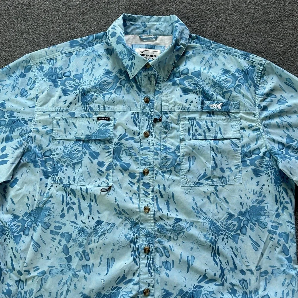 KastKing Shirt Mens XL Blue Fish Print Short Sleeve Fishing Vented Polyester