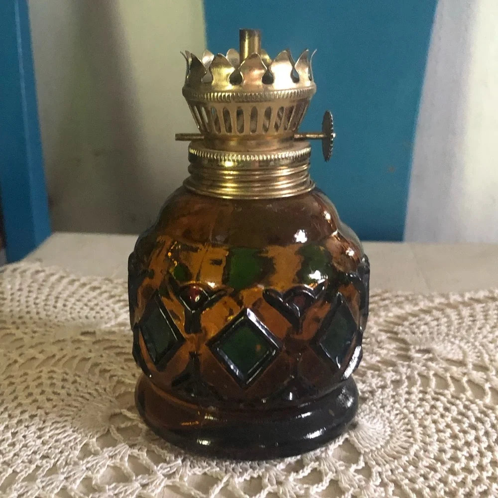 Vintage Small Amber Glass Hurricane Oil Lamp
