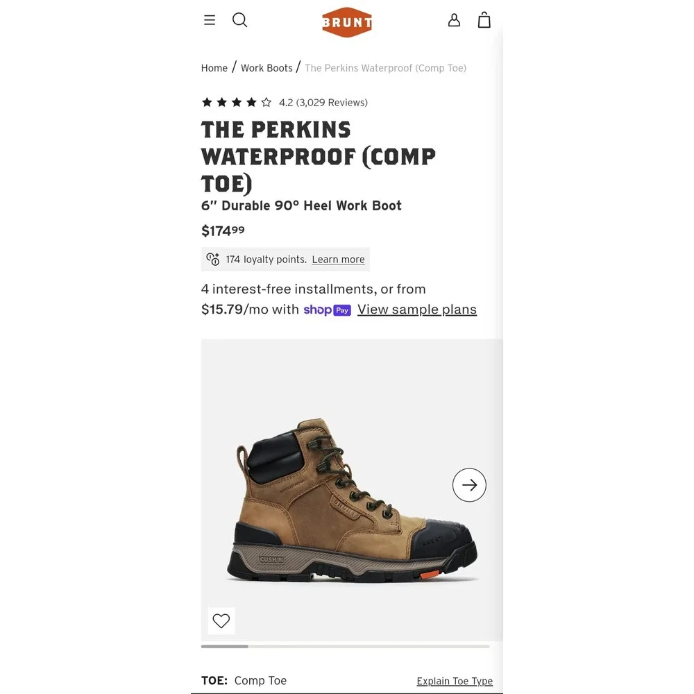 BRUNT The Perkins Waterproof Comp Toe 6in Work Boots Mens 14 Brown ASTM F2413-24