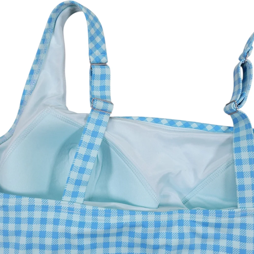 Lands End Square Neck Tankini Womens Plus 22W Swimsuit Top‎ Blue Gingham Check