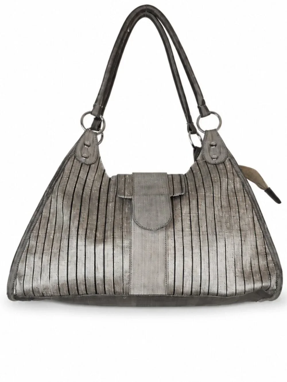 Sentosa Silk Metallic Taupe Brown Pinstripe Hobo Bag Academia Chic