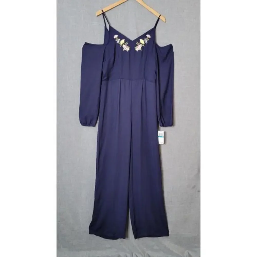 the Edit by Seventeen Women's Jumpsuit Romper Size 9 Cold Shoulder Wide Leg Blue