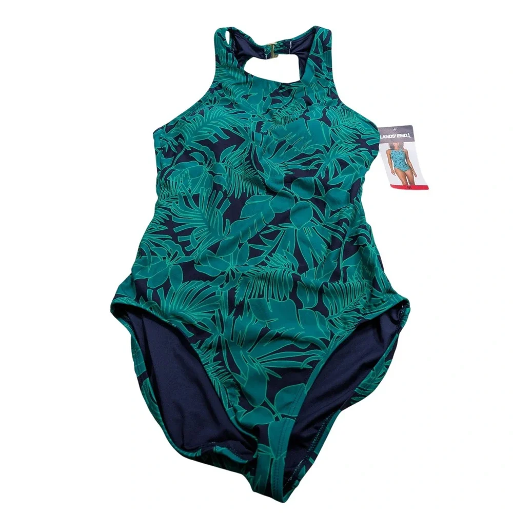 Lands' End Women One Piece Swimsuit M Green Tropical Palm High Neck 1748797