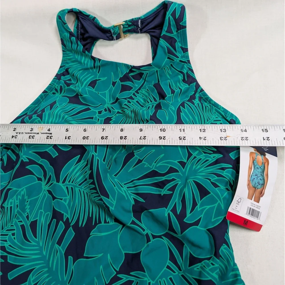 Lands' End Women One Piece Swimsuit M Green Tropical Palm High Neck 1748797