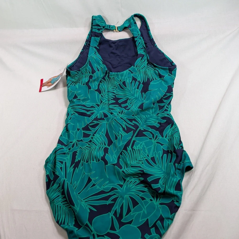 Lands' End Women One Piece Swimsuit M Green Tropical Palm High Neck 1748797