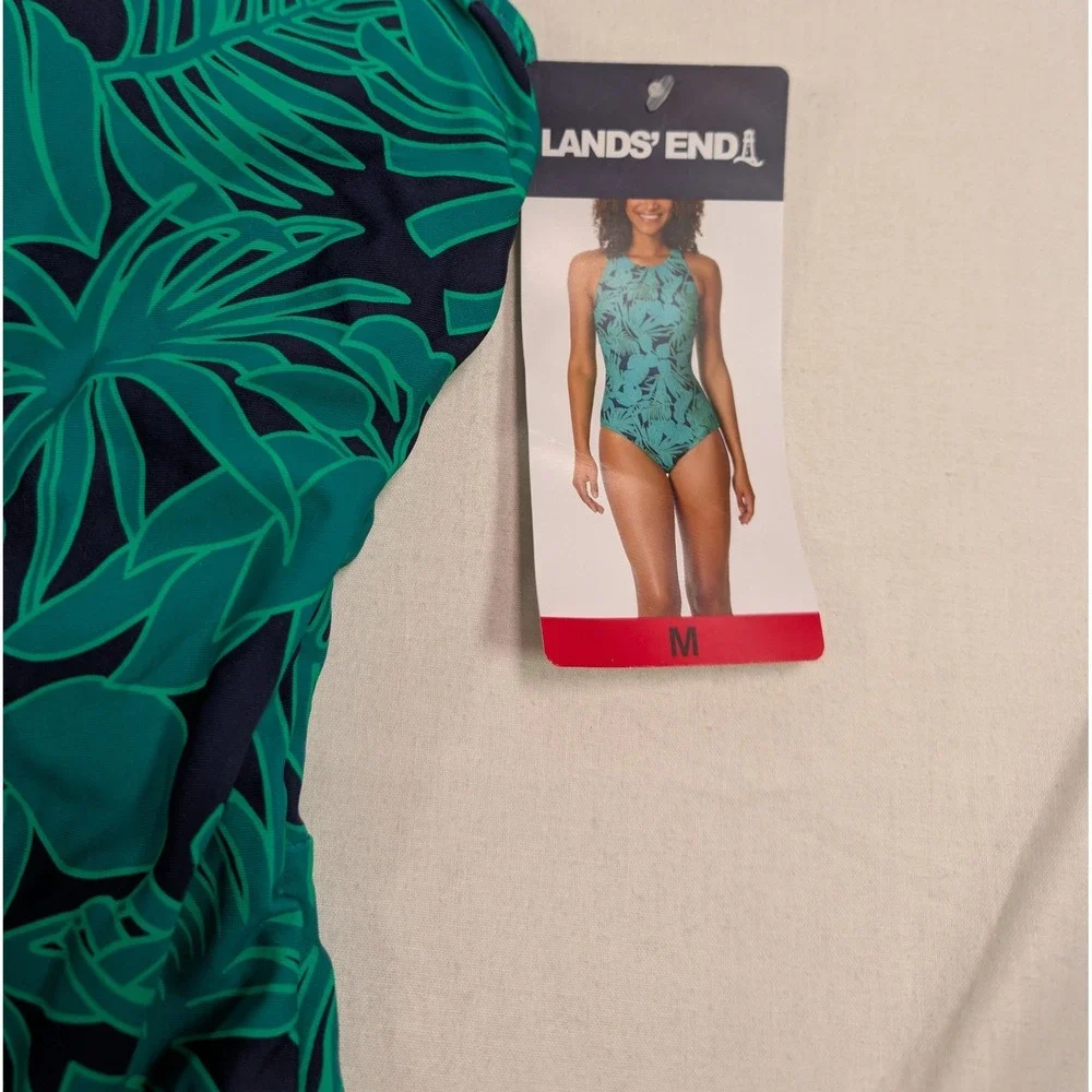 Lands' End Women One Piece Swimsuit M Green Tropical Palm High Neck 1748797