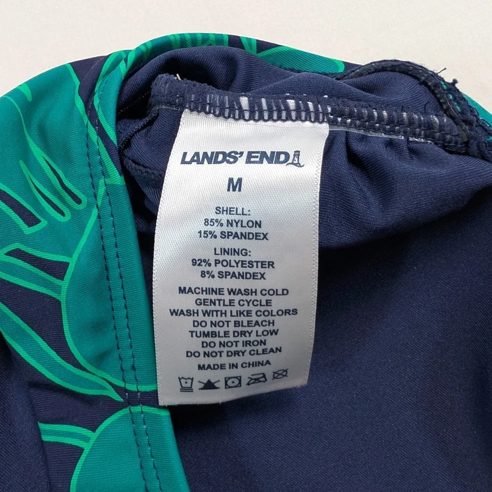 Lands' End Women One Piece Swimsuit M Green Tropical Palm High Neck 1748797