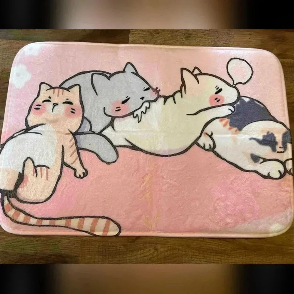 Pink plush bath mat mini rug with sleepy multicolored kittens design home decor