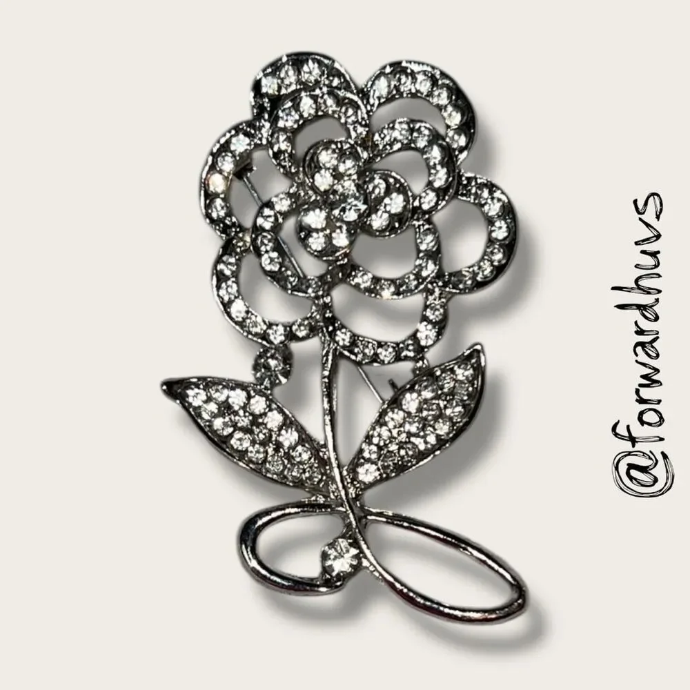 Vintage Silver Tone Rhinestone Flower Brooch