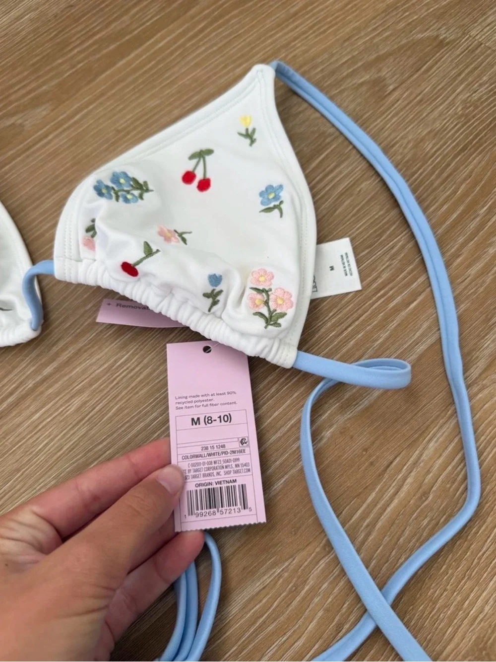 Target White Floral & Cherry Embroidered Triangle Bikini with Light Blue Ties