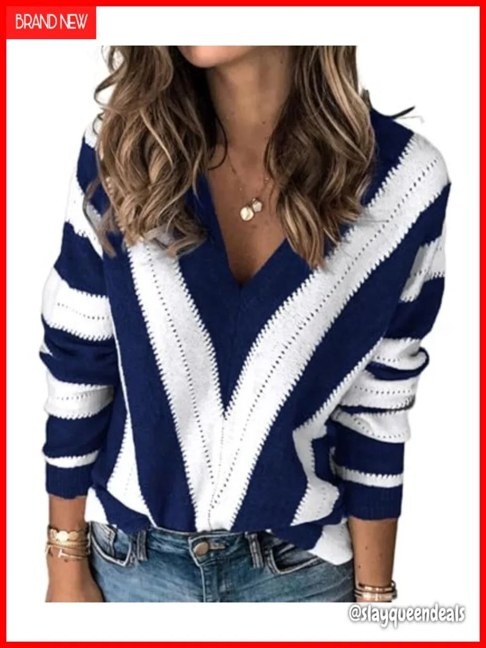 Soft Knitted V-Neck Pullover Sweater for Women Long Sleeve Striped Tops Fall
