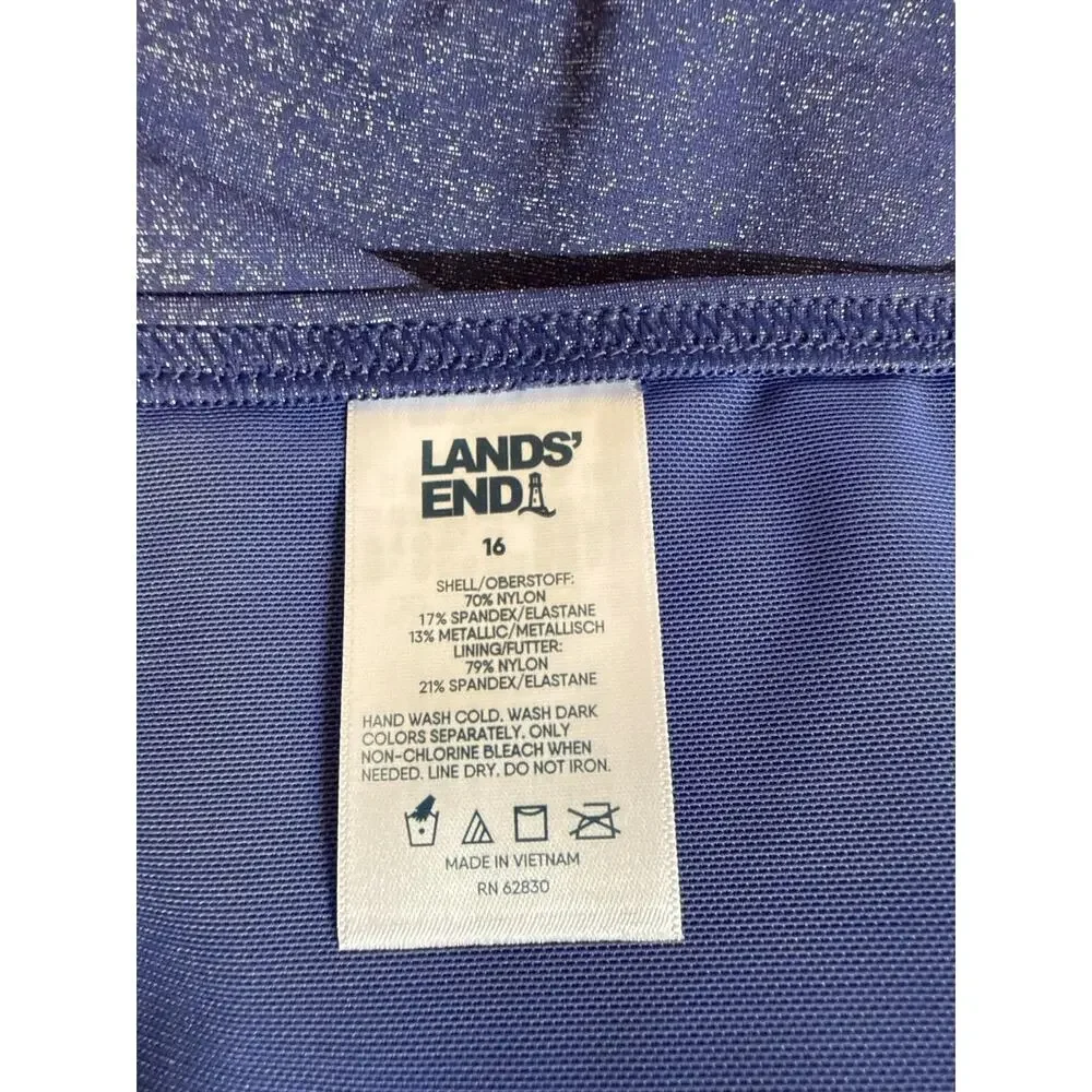 Lands' End Shine High Waisted Bikini Bottoms Beach Pool Blue Women's Size 16 NWT