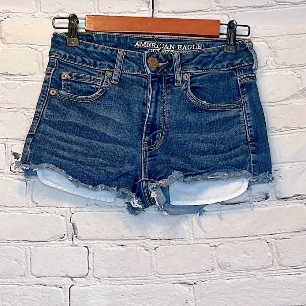 American Eagle Raw Hem Hi-Rise Shortie Blue Jean Shorts Size 4