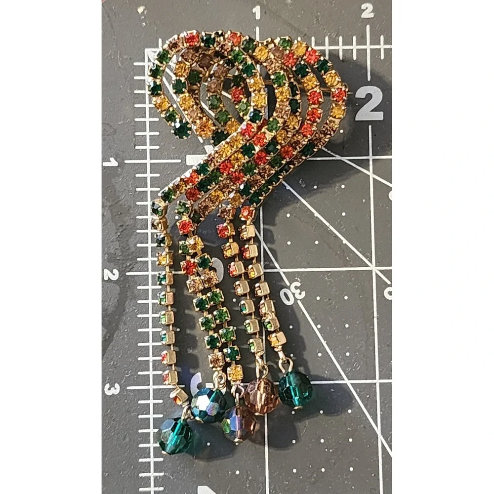 Vintage Multi Color Rhinestone Waterfall Fringe Brooch Gold Tone Crystal Dangle