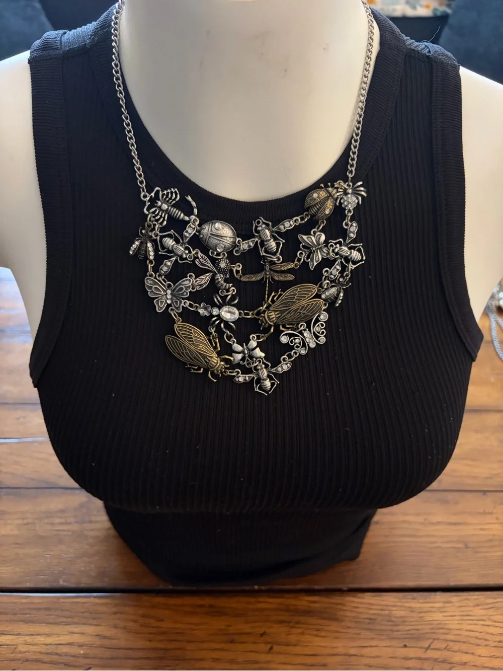 Whimsical Multi-Layered Insect Statement Necklace Silver Brass Rhinestone