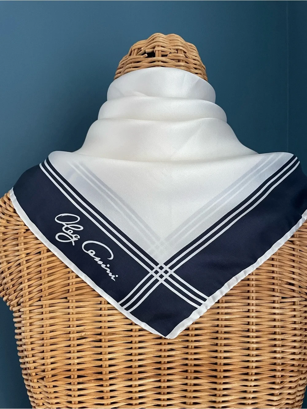 Vintage Designer Silk Twill Oleg Cassini Scarf  27” x  27” Navy White