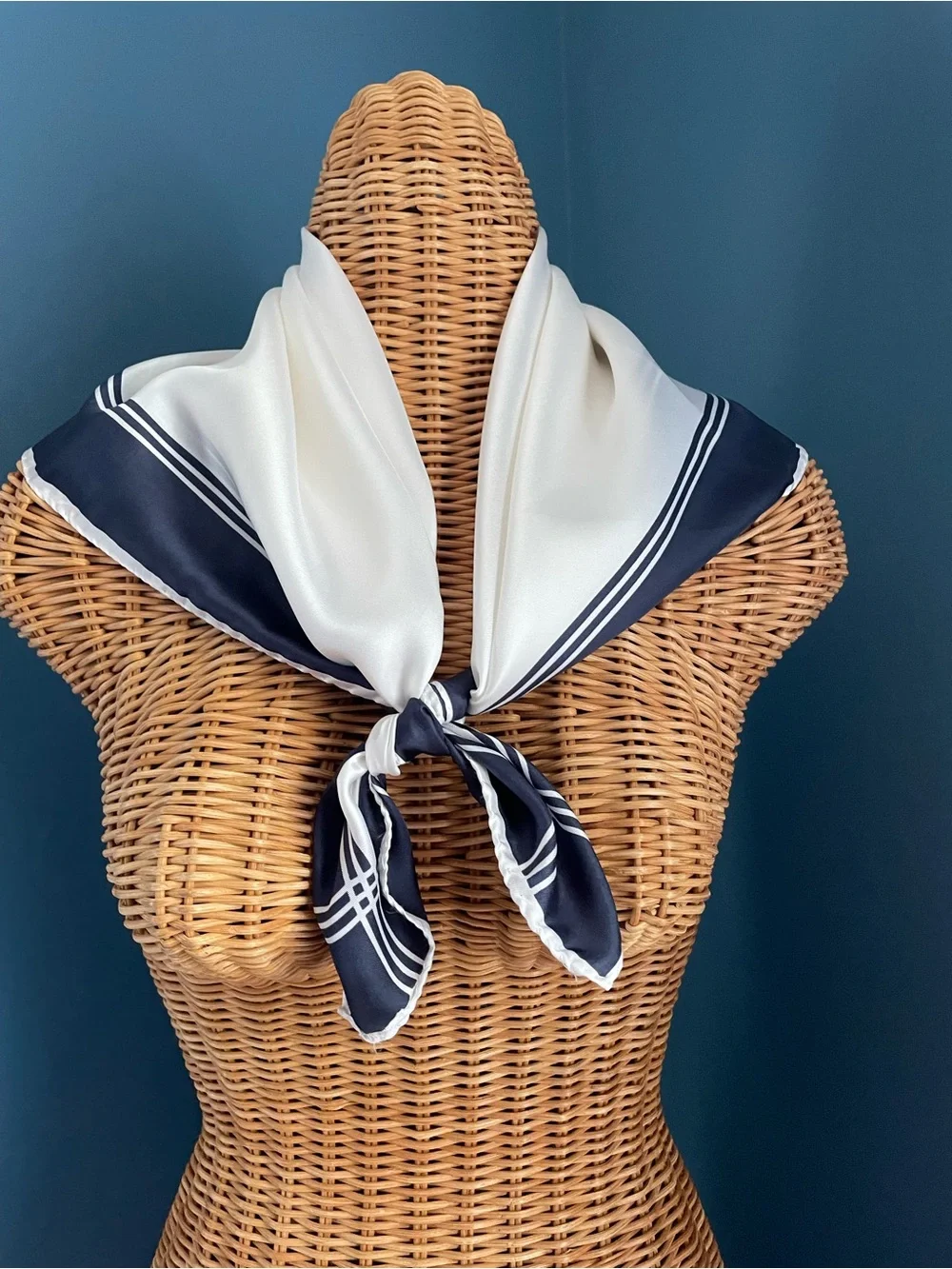 Vintage Designer Silk Twill Oleg Cassini Scarf  27” x  27” Navy White