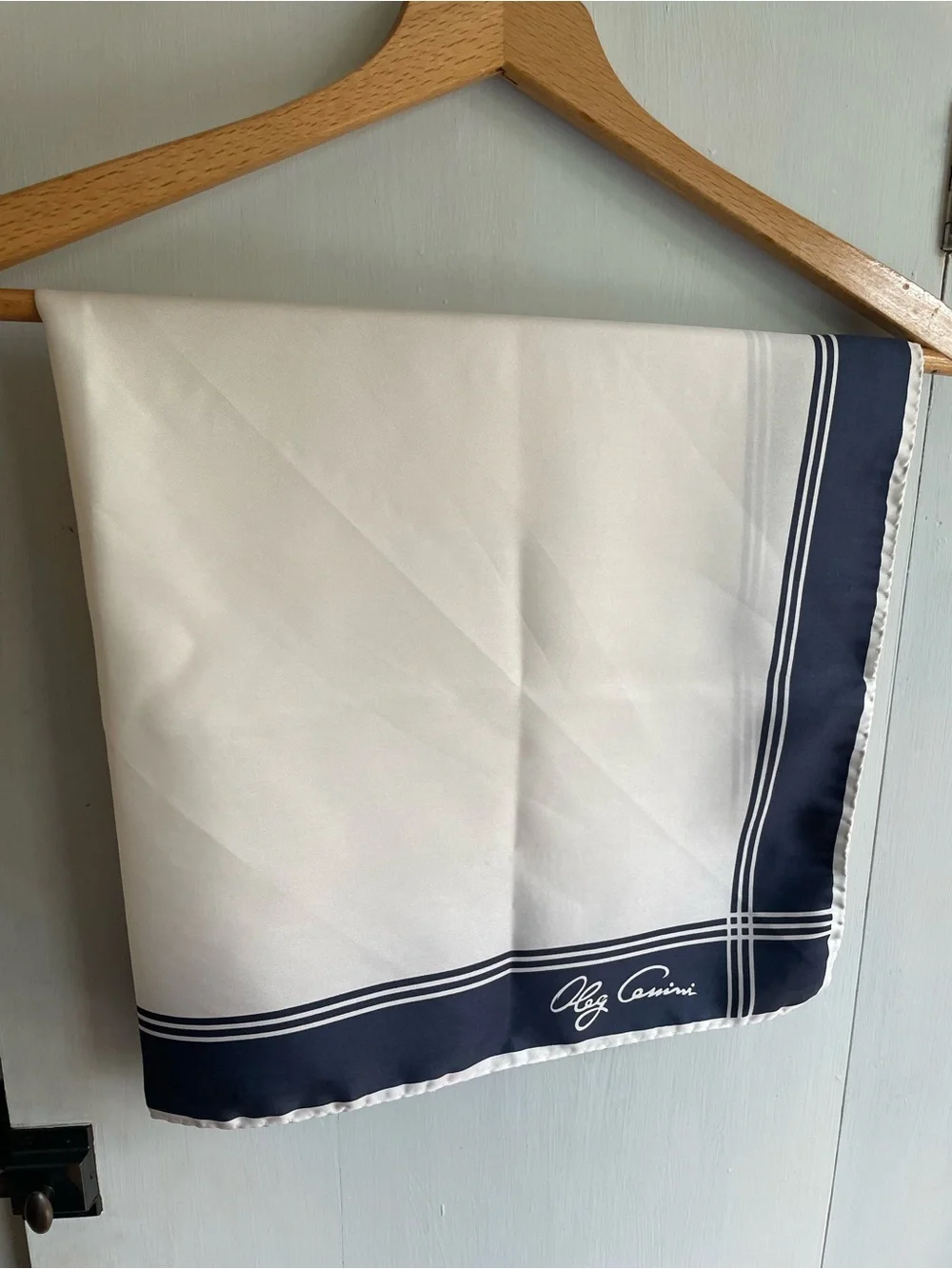 Vintage Designer Silk Twill Oleg Cassini Scarf  27” x  27” Navy White