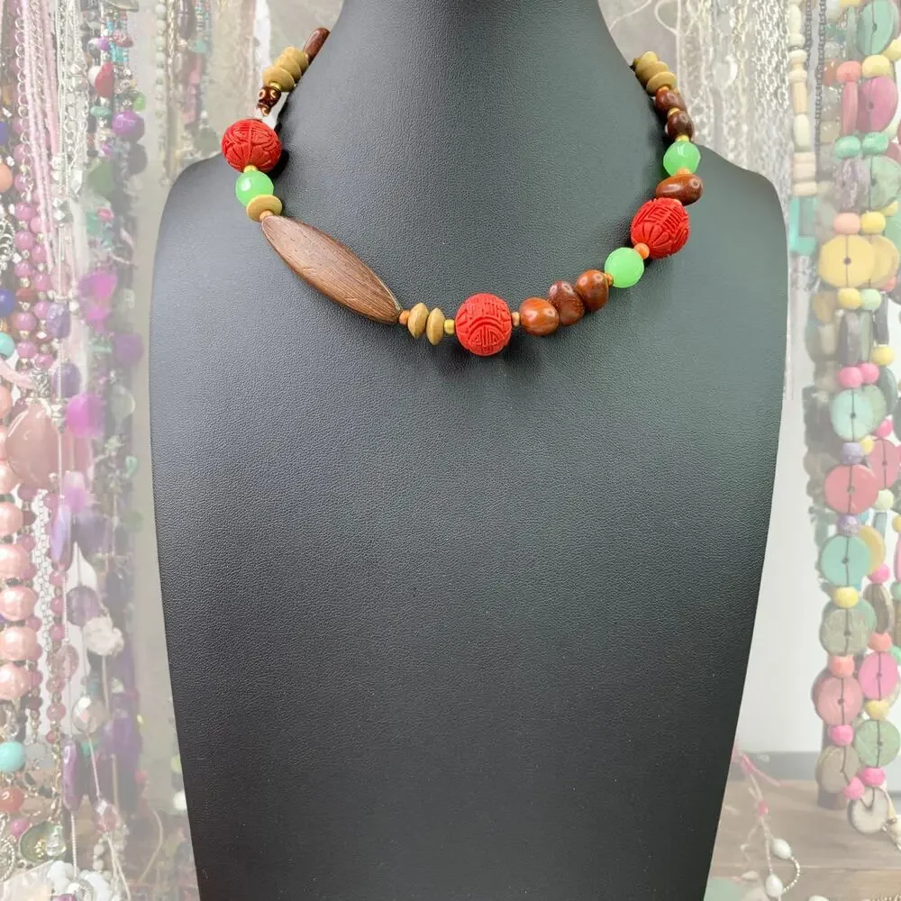 Boho Artisan Choker – Carved Cinnabar, Wood & Jade Green Glass
