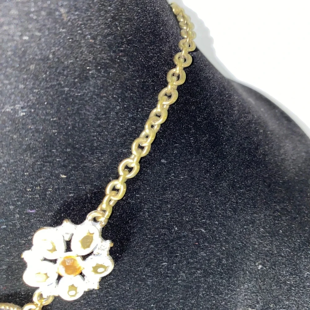 Statement Necklace Gold Tone Geometric Floral Amber Rhinestone Pendant‎ Choker